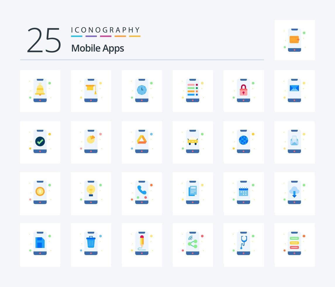 Mobile Apps 25 Flat Color icon pack including security. grid. training app. app. interface vector