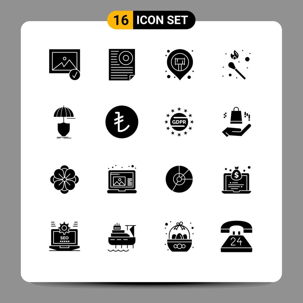 Pack of 16 creative Solid Glyphs of protection stick fire location match fire Editable Vector Design Elements