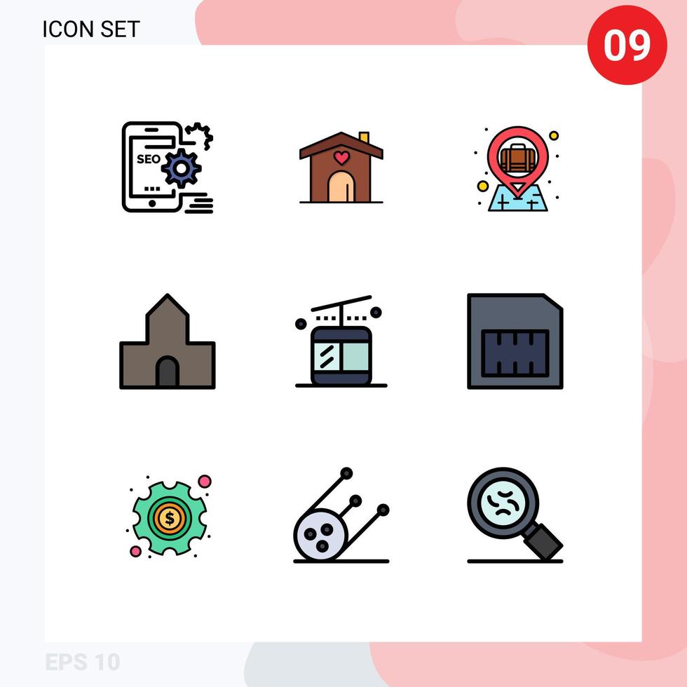 Filledline Flat Color Pack of 9 Universal Symbols of gondola chapel wedding catholic case Editable Vector Design Elements