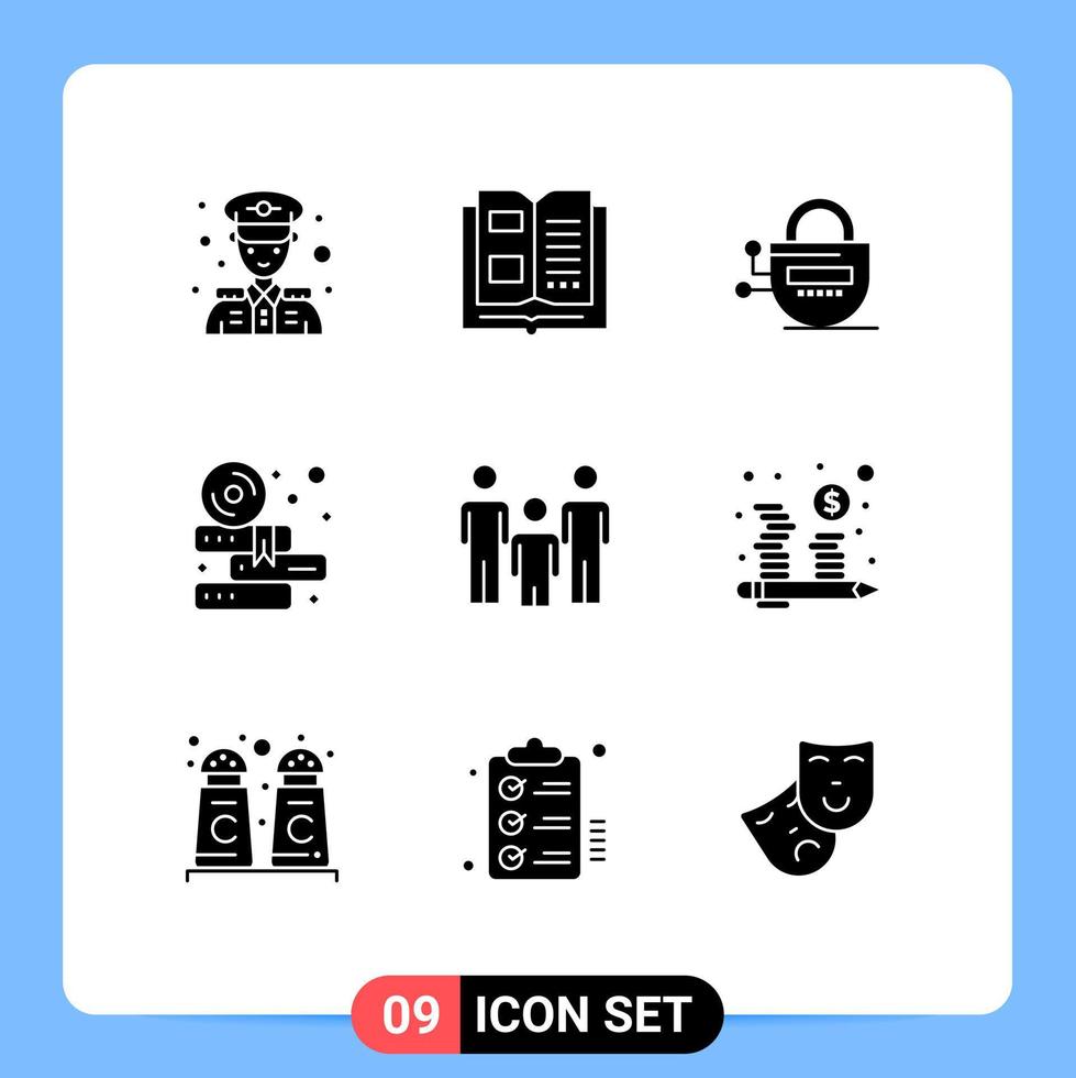 Mobile Interface Solid Glyph Set of 9 Pictograms of kids family locked cd education Editable Vector Design Elements