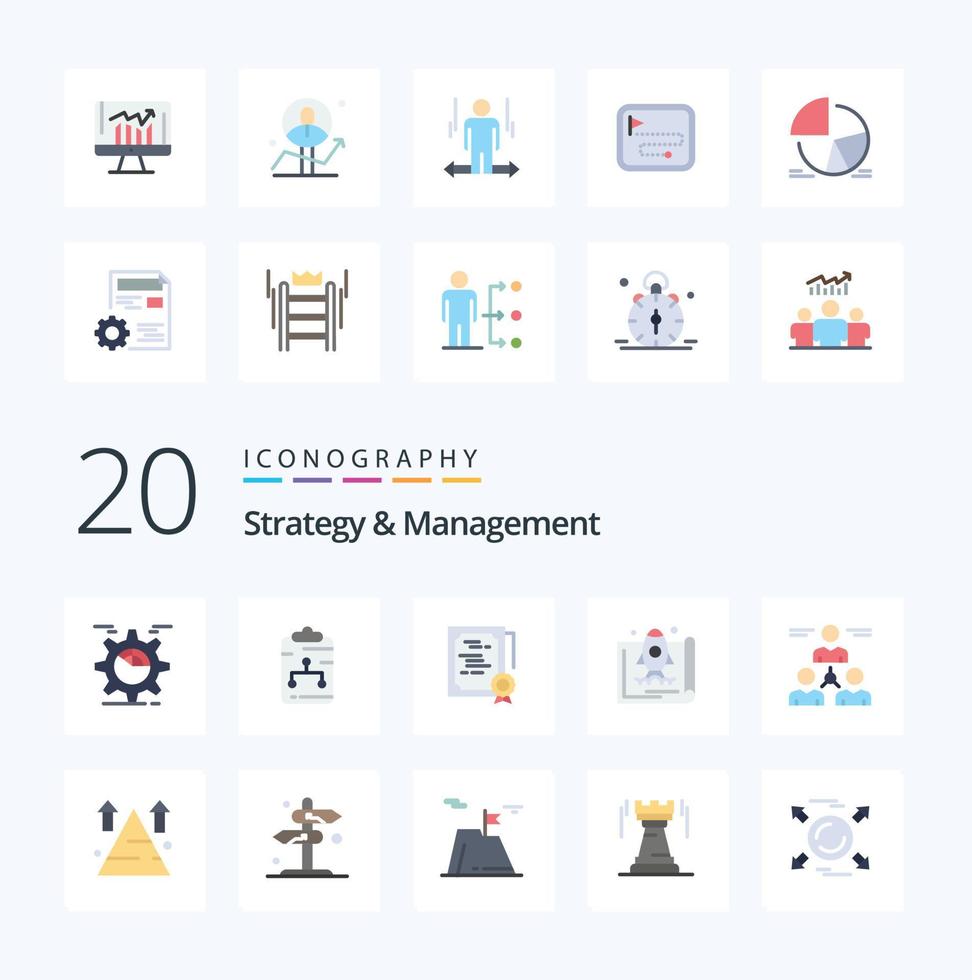 20 Strategy And Management Flat Color icon Pack like startup entrepreneur document diploma sign vector