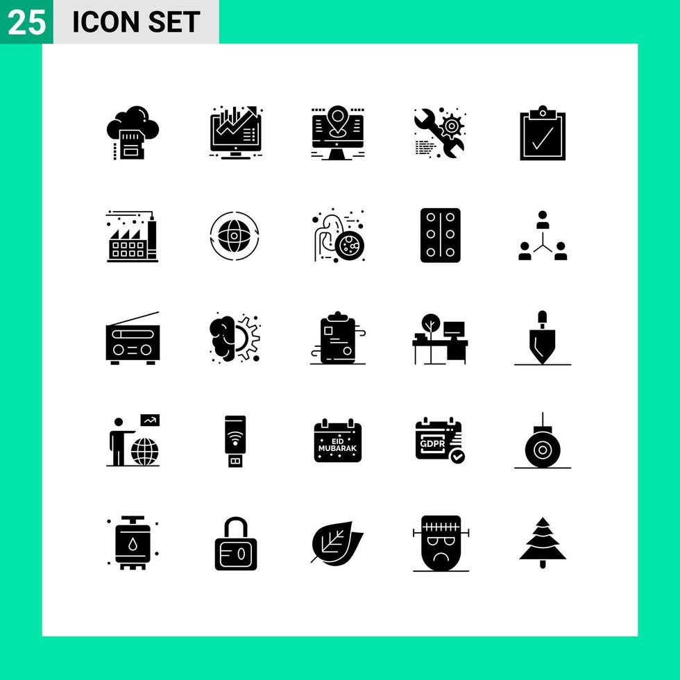 Mobile Interface Solid Glyph Set of 25 Pictograms of gear setting growth service lcd Editable Vector Design Elements