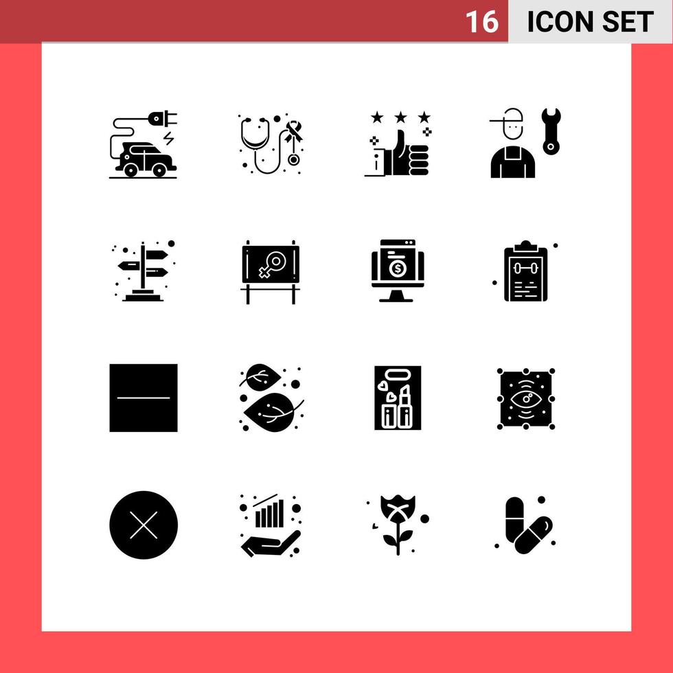 16 User Interface Solid Glyph Pack of modern Signs and Symbols of arrows repair support mechanic avatar Editable Vector Design Elements