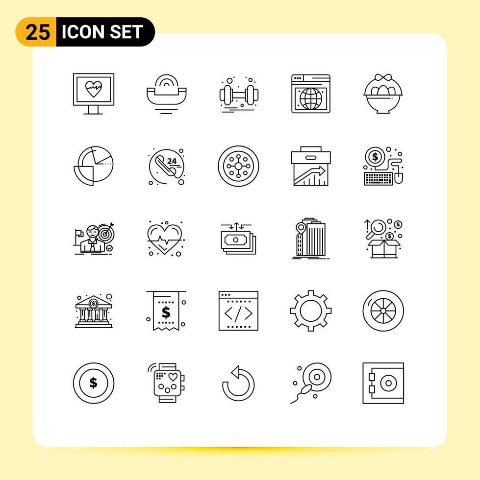 User Interface Pack of 25 Basic Lines of easter basket dumbbell webpage seo Editable Vector Design Elements