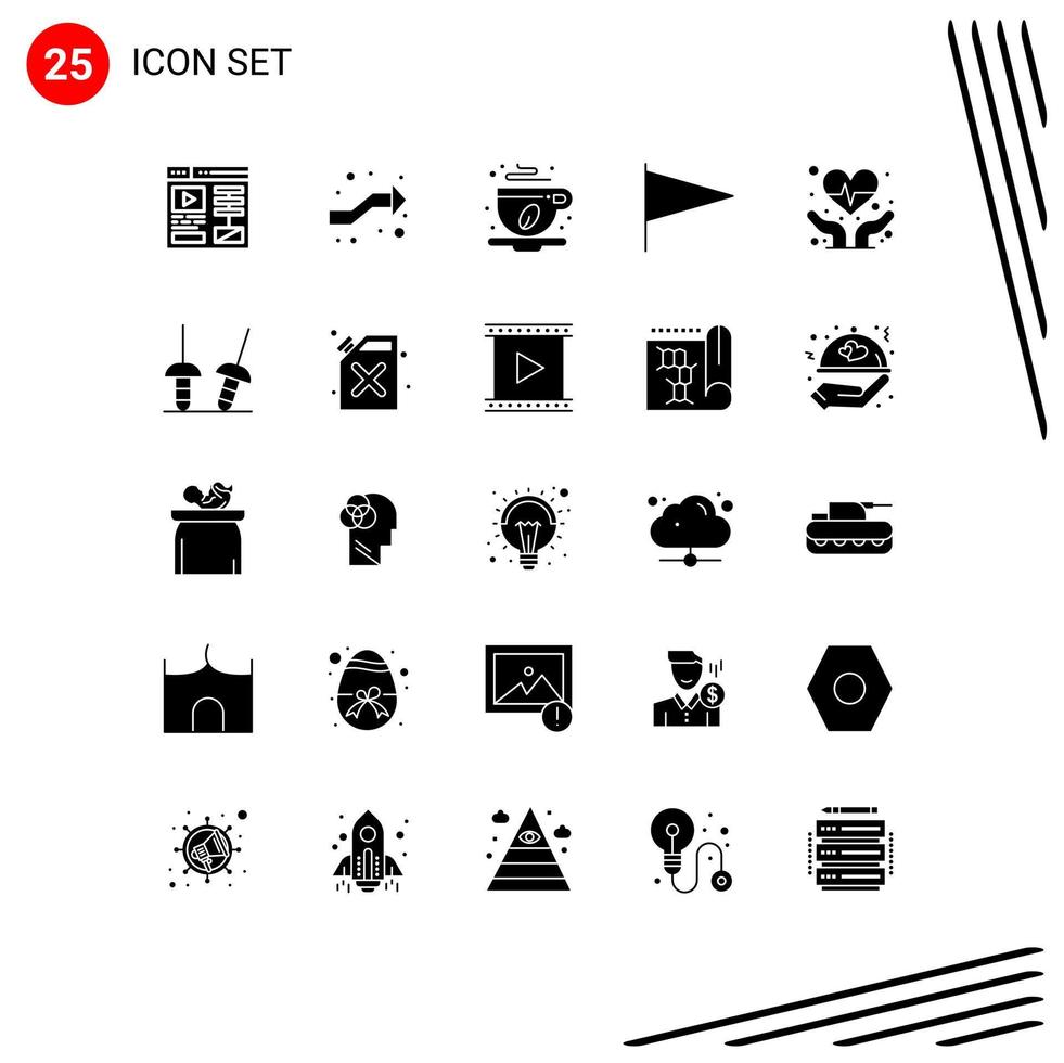 Modern Set of 25 Solid Glyphs Pictograph of fencing heart care cafe cardiogram flag Editable Vector Design Elements