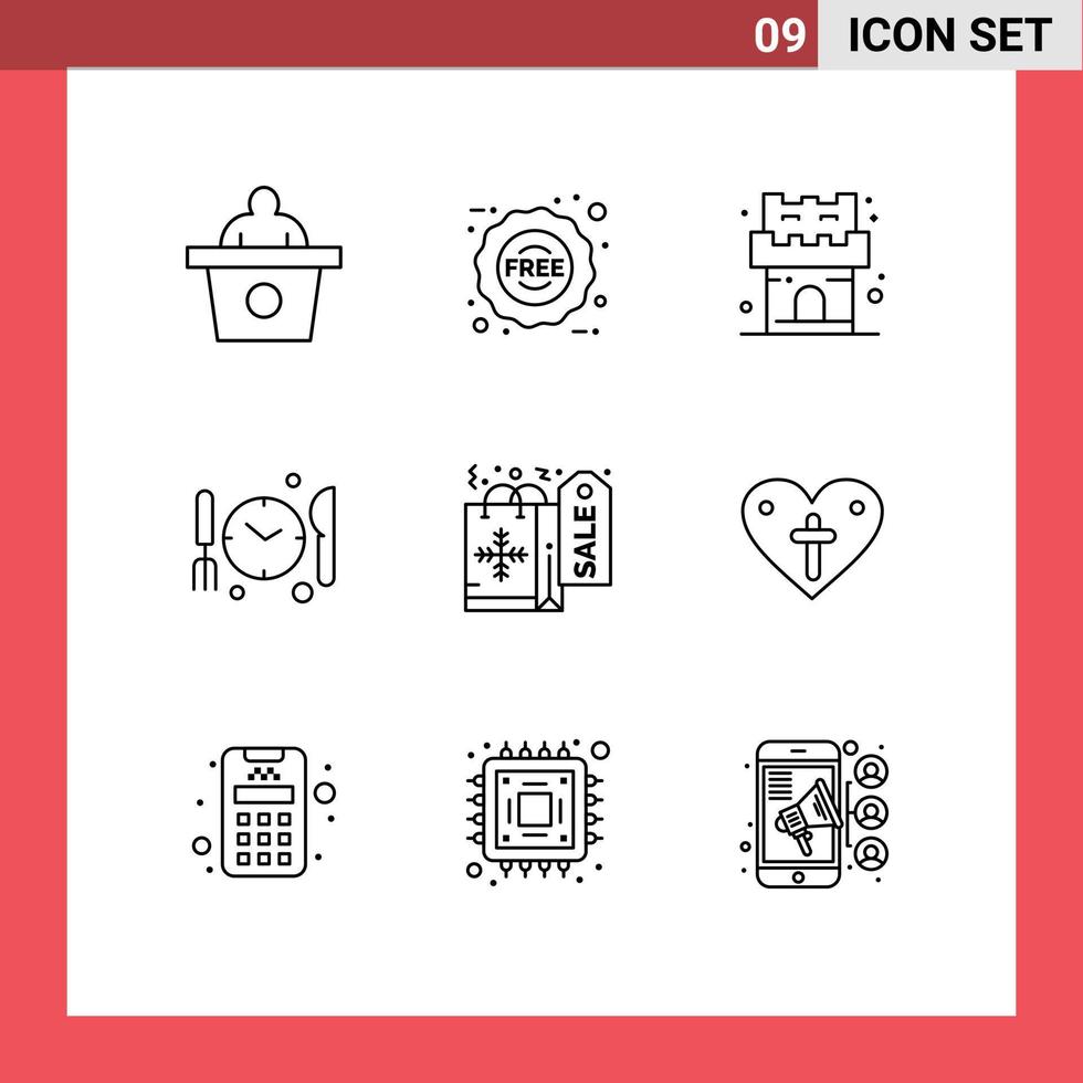 User Interface Pack of 9 Basic Outlines of love xmas castle shopping time Editable Vector Design Elements