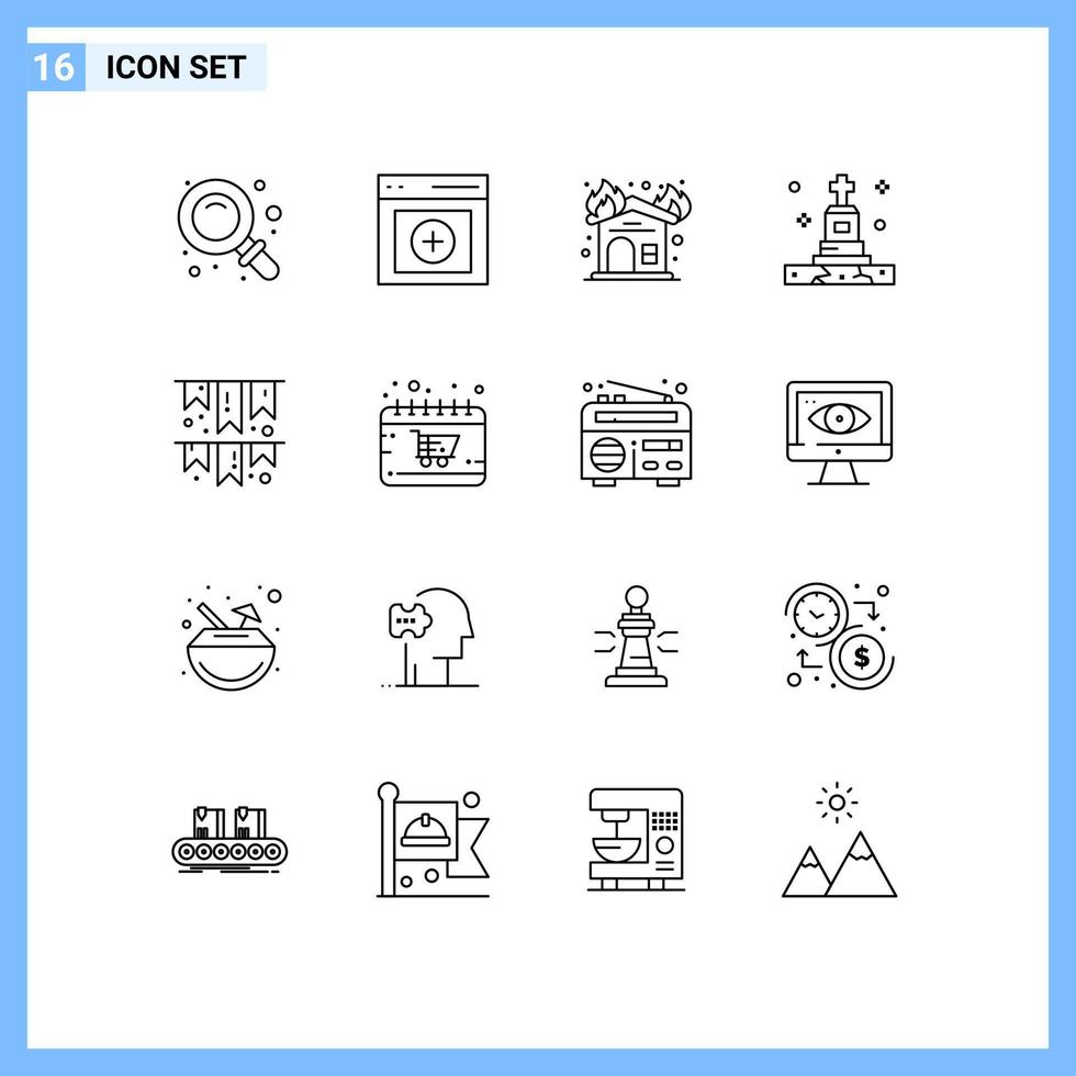 Universal Icon Symbols Group of 16 Modern Outlines of decoration tomb fire grave death Editable Vector Design Elements