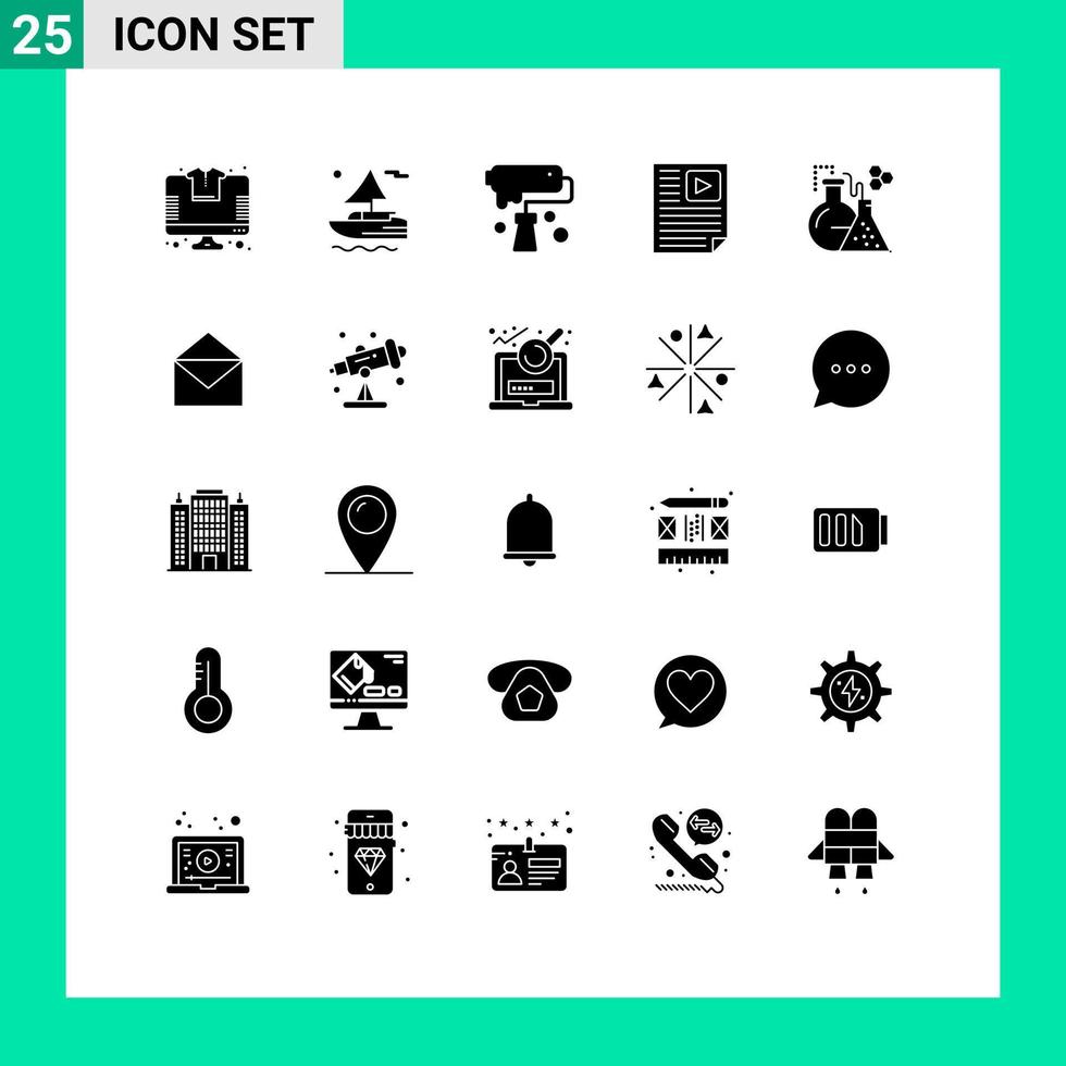 Mobile Interface Solid Glyph Set of 25 Pictograms of flask report brush paper data Editable Vector Design Elements