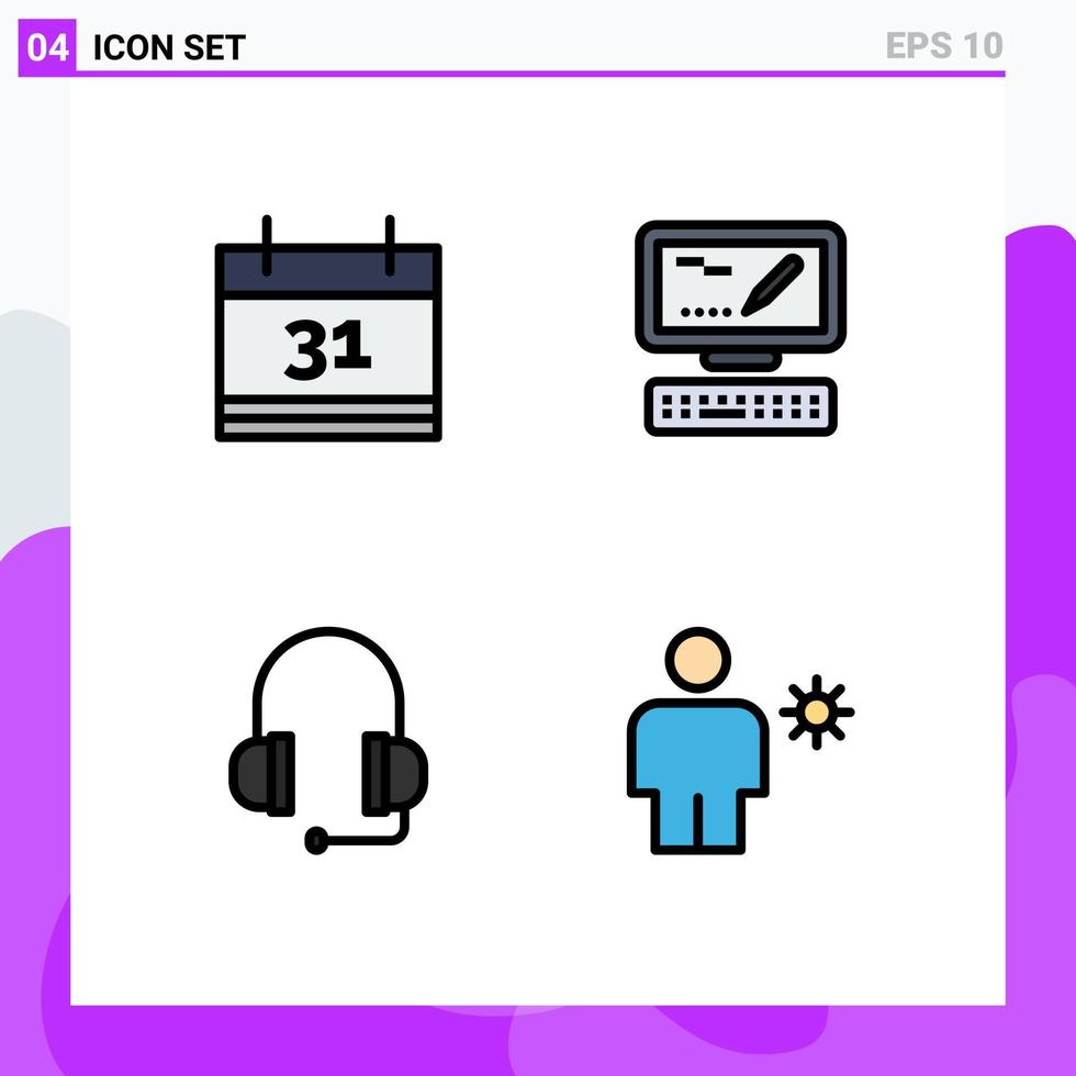 Modern Set of 4 Filledline Flat Colors Pictograph of calendar avatar computer headphones human Editable Vector Design Elements