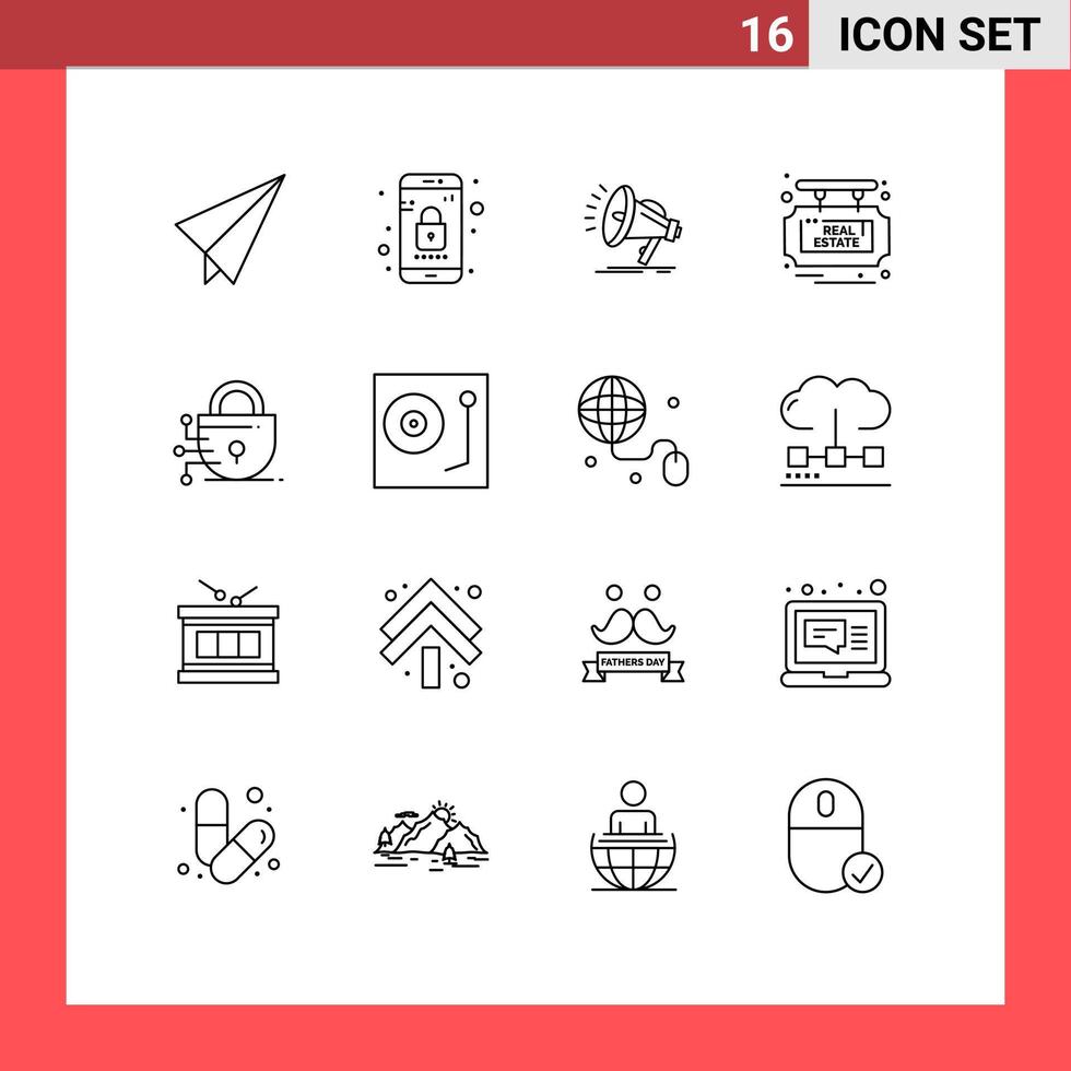 User Interface Pack of 16 Basic Outlines of technology digital loud sale estate Editable Vector Design Elements