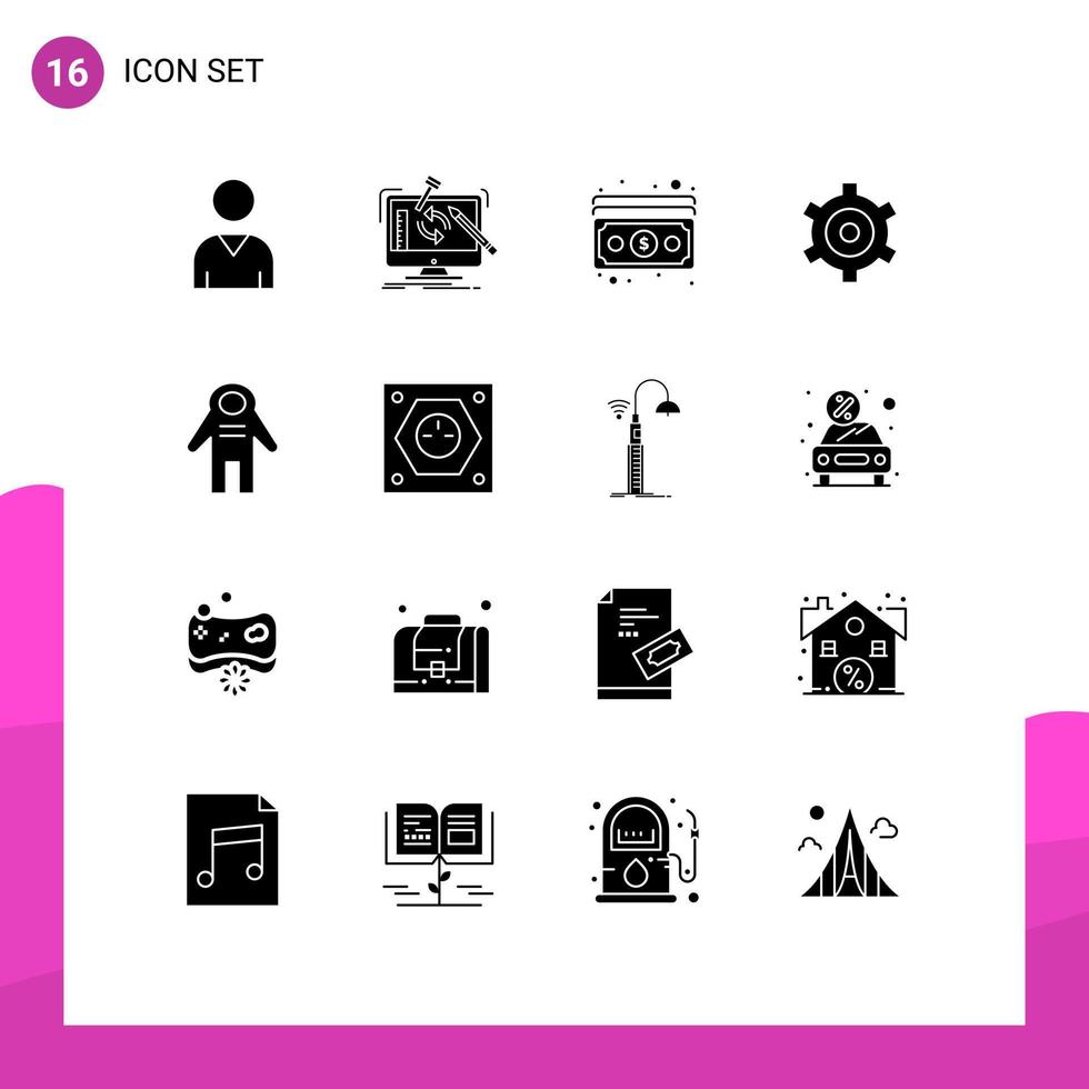 Editable Vector Line Pack of 16 Simple Solid Glyphs of people astronaut cash cogs gear Editable Vector Design Elements