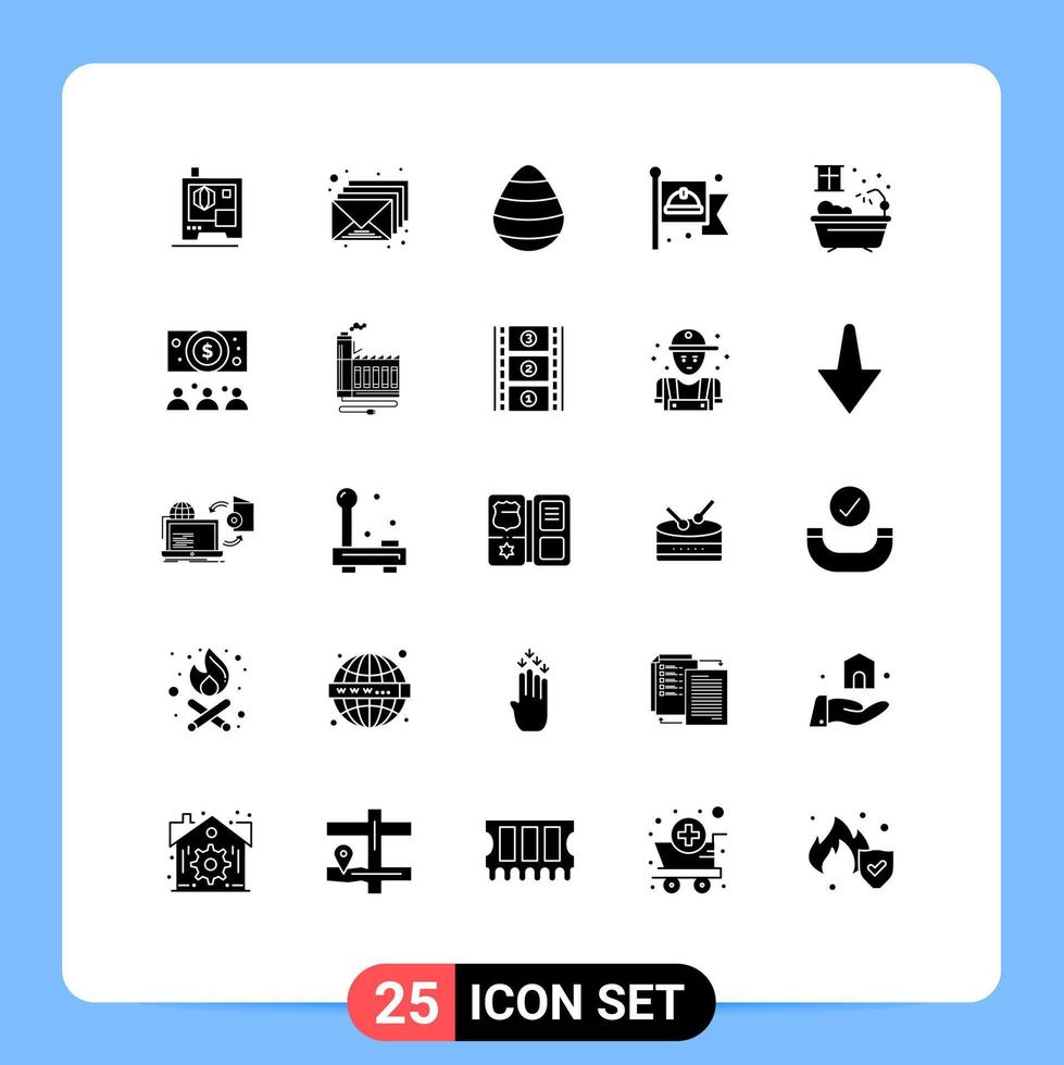 Mobile Interface Solid Glyph Set of 25 Pictograms of water bathroom egg labour flag Editable Vector Design Elements