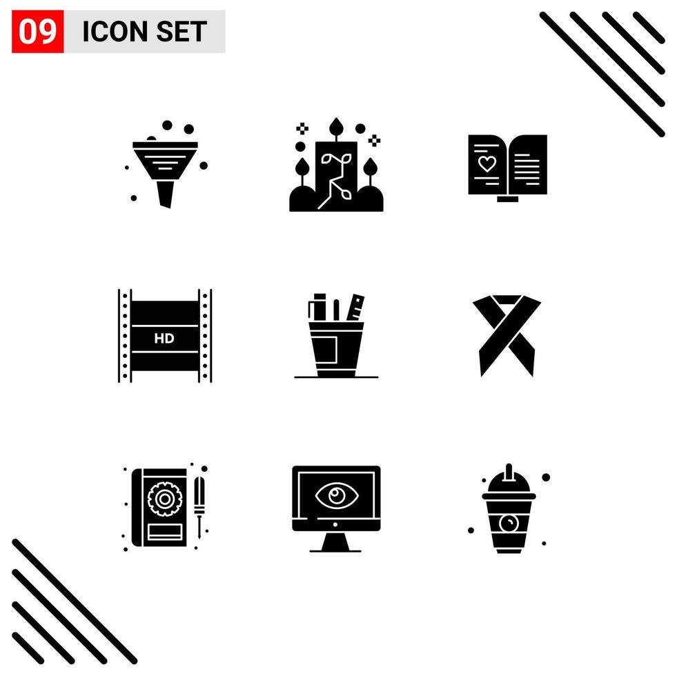9 User Interface Solid Glyph Pack of modern Signs and Symbols of high hd in filmmaking ornamental hd film wedding Editable Vector Design Elements