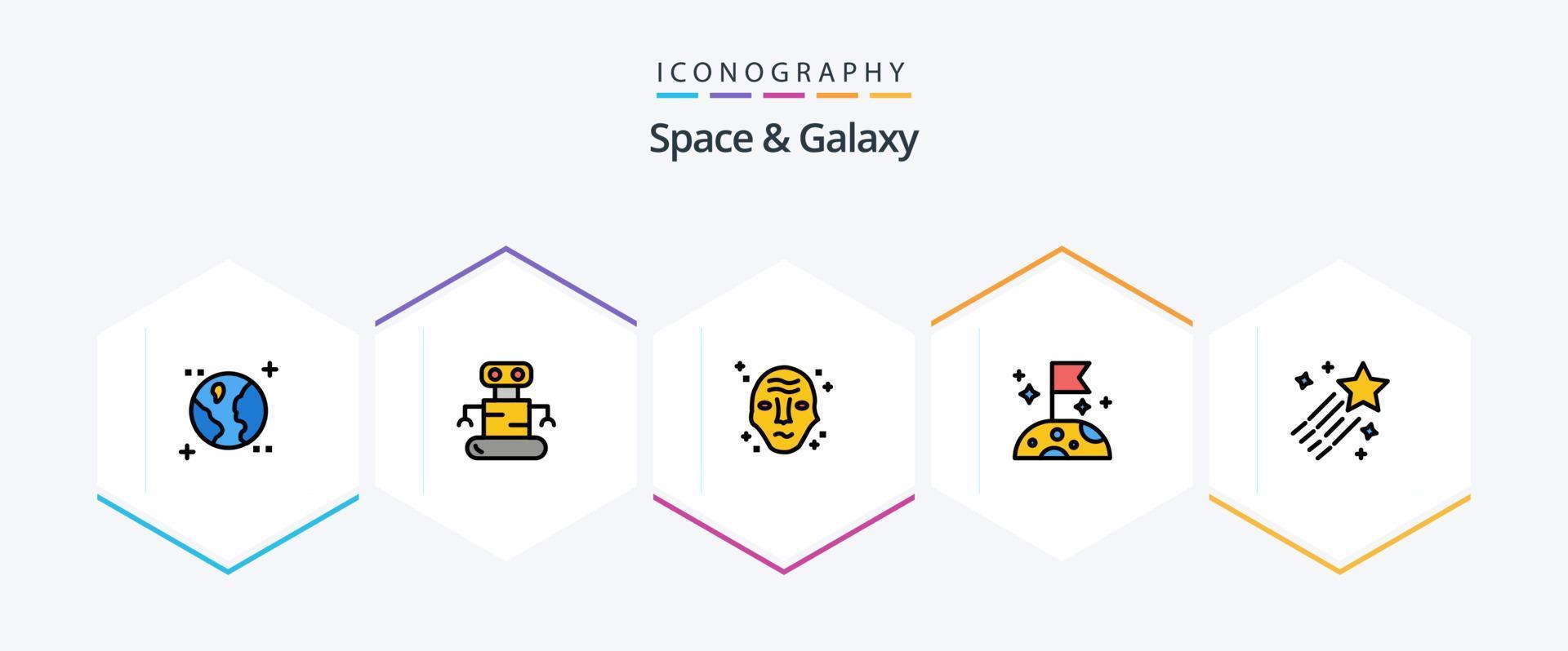 Space And Galaxy 25 FilledLine icon pack including star. comet. science. asteroid. slow vector