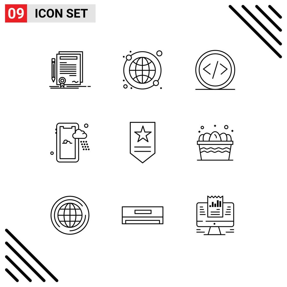 Modern Set of 9 Outlines Pictograph of insignia rainy world wide mobile programming Editable Vector Design Elements