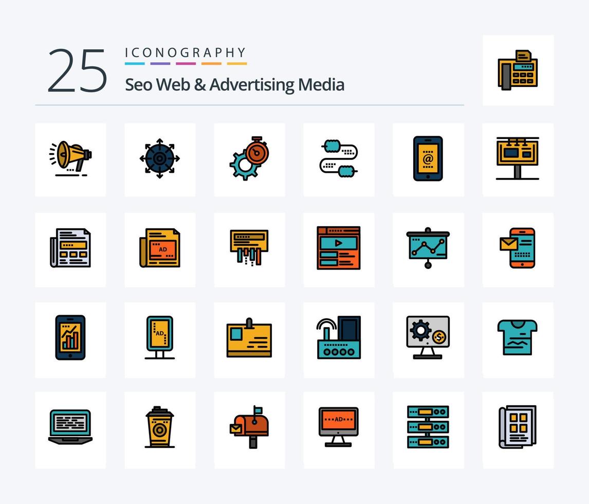 Seo Web And Advertising Media 25 Line Filled icon pack including mobile. joint. timer. wire. watch vector