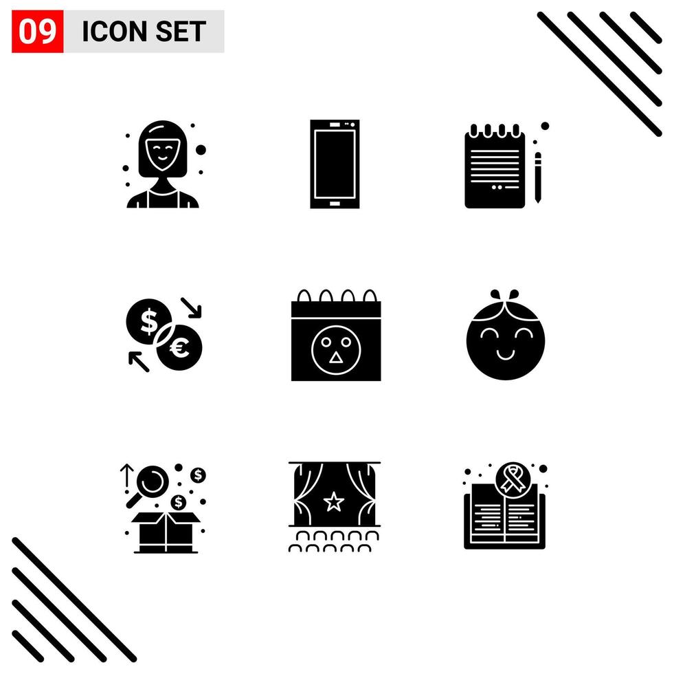 Solid Glyph Pack of 9 Universal Symbols of dollar currency android converter education Editable Vector Design Elements