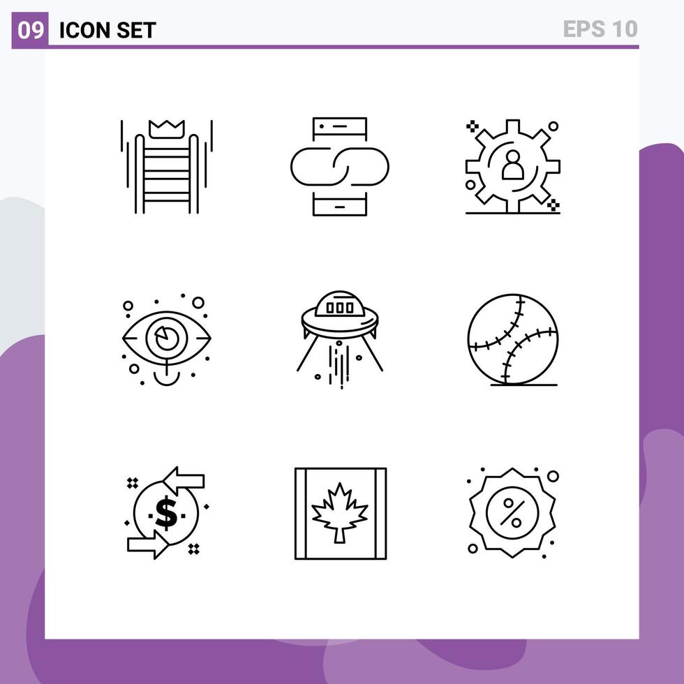 Pack of 9 Modern Outlines Signs and Symbols for Web Print Media such as vision market message eye data management Editable Vector Design Elements