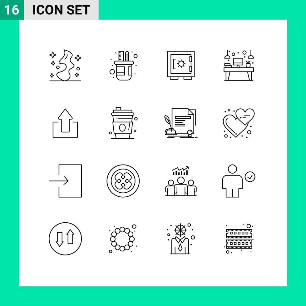 Editable Vector Line Pack of 16 Simple Outlines of arrow device lock workplace desk Editable Vector Design Elements