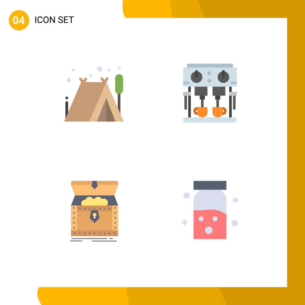 4 Flat Icon concept for Websites Mobile and Apps camping gold coffee drink treasure Editable Vector Design Elements