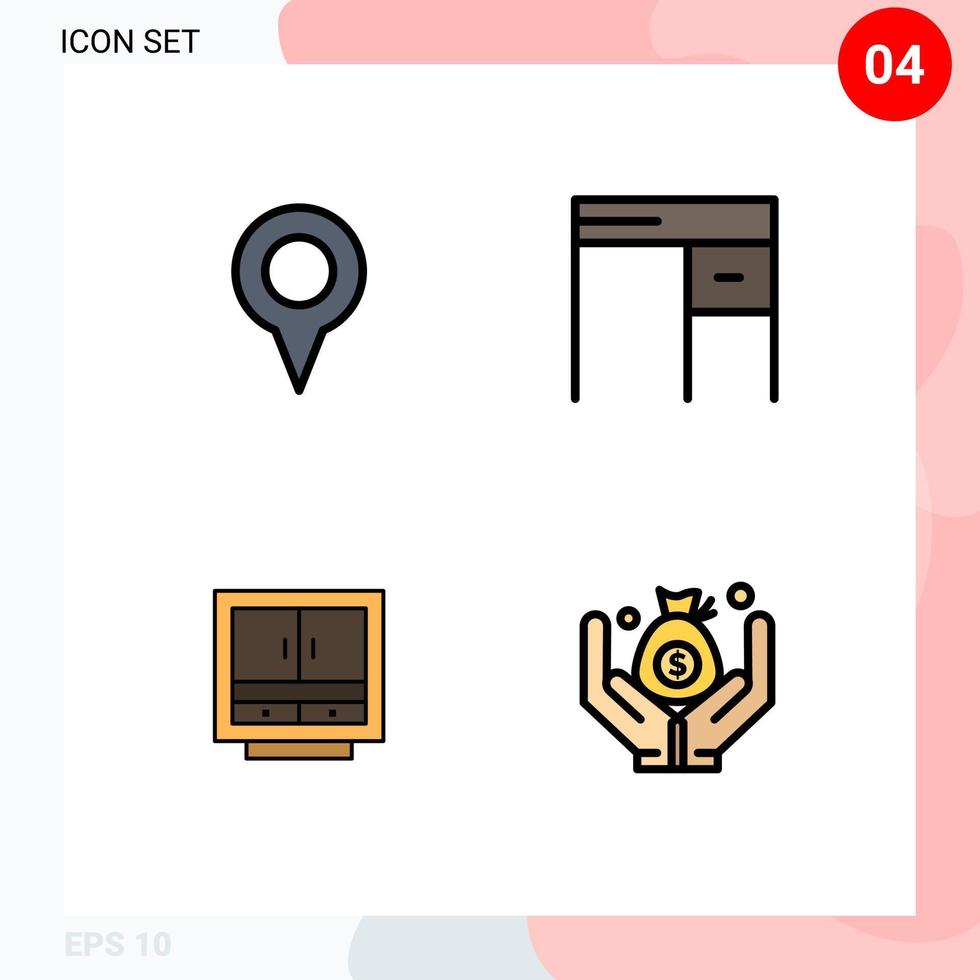 Mobile Interface Filledline Flat Color Set of 4 Pictograms of geo location business pin interior files Editable Vector Design Elements