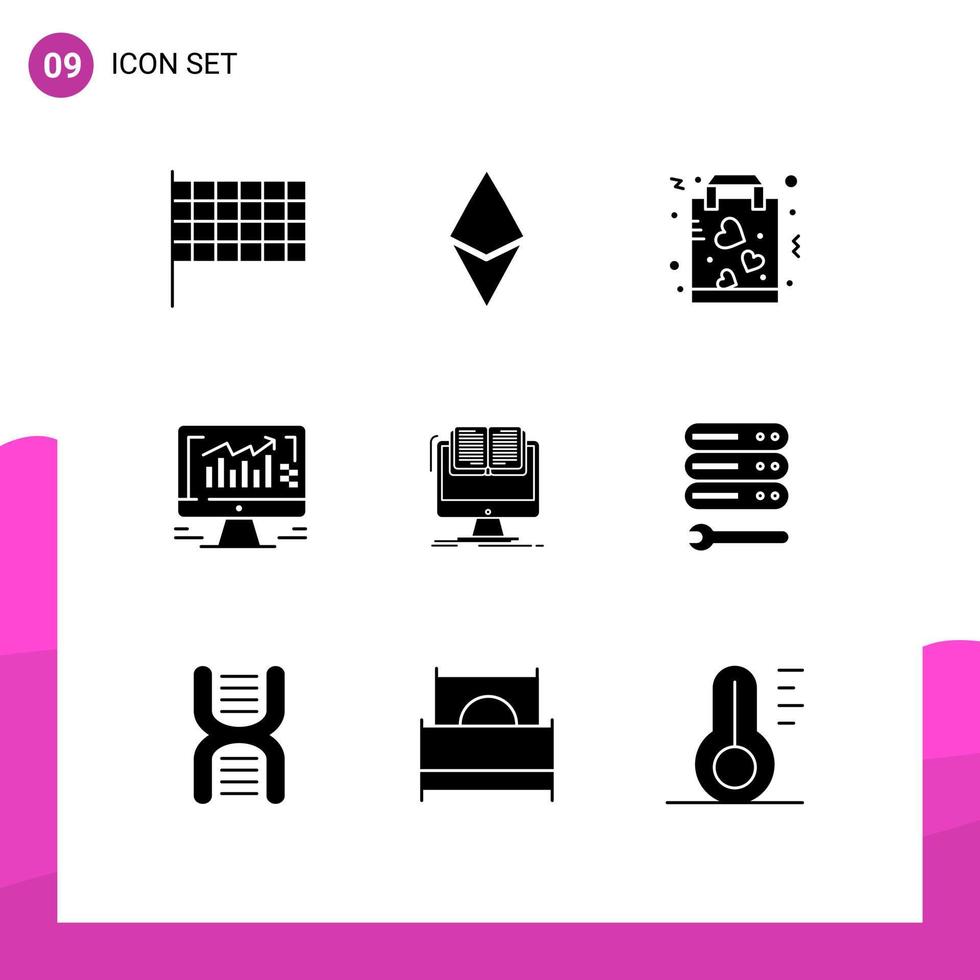9 Thematic Vector Solid Glyphs and Editable Symbols of file monitor favorite business computer Editable Vector Design Elements