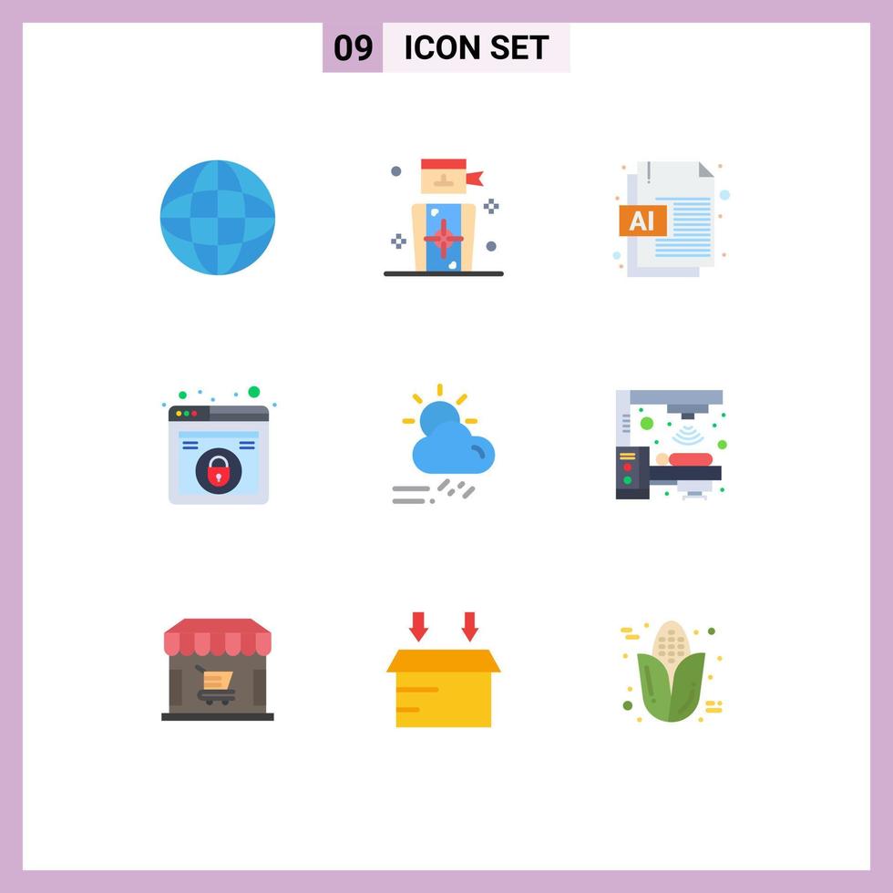 Modern Set of 9 Flat Colors and symbols such as rainy cloud ai security lock Editable Vector Design Elements