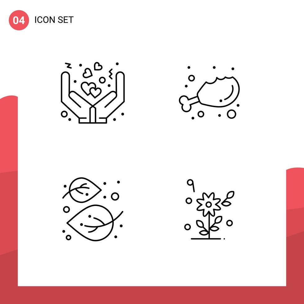 Line Pack of 4 Universal Symbols of care leaf love food nature Editable Vector Design Elements