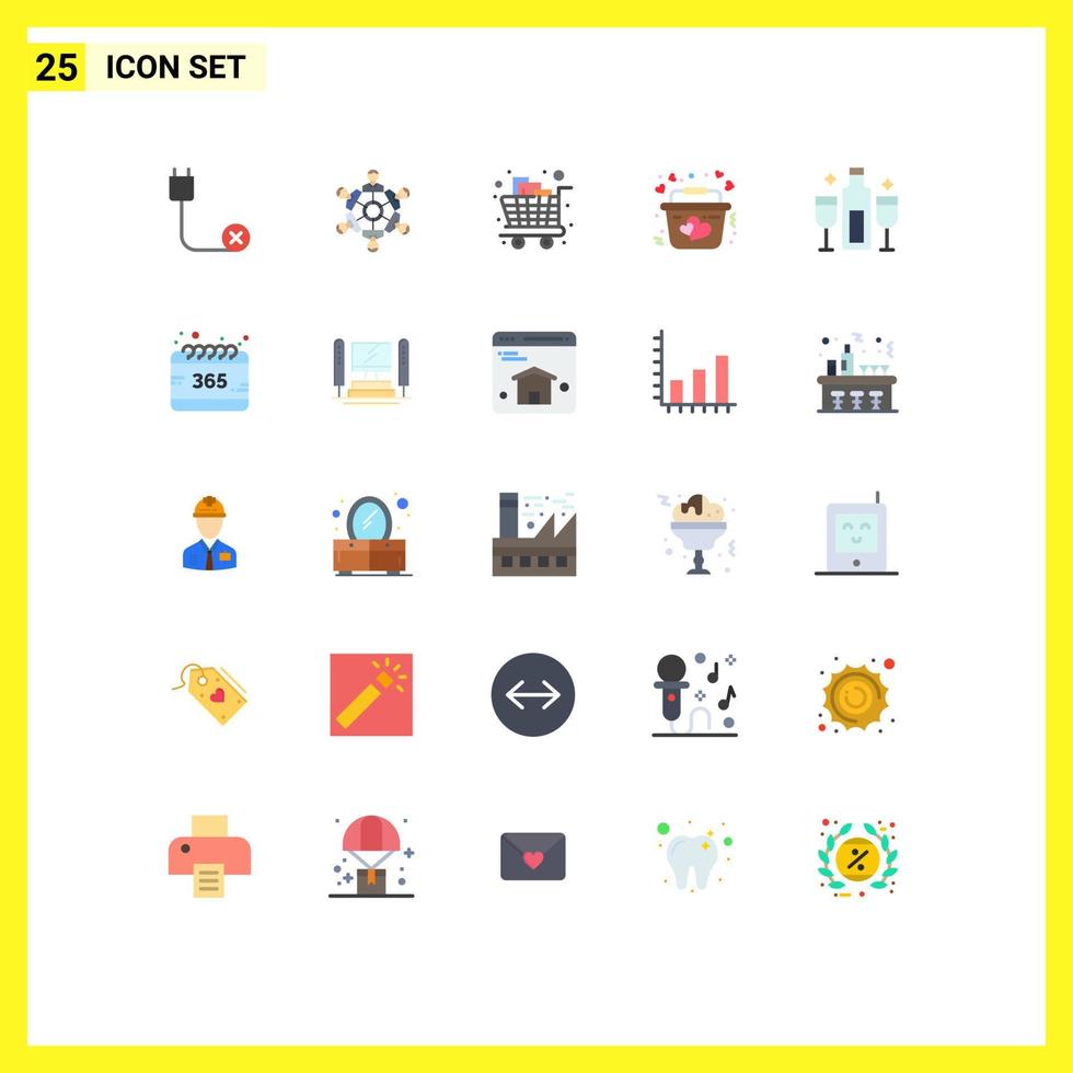 25 Universal Flat Color Signs Symbols of love basket games trolley groceries Editable Vector Design Elements