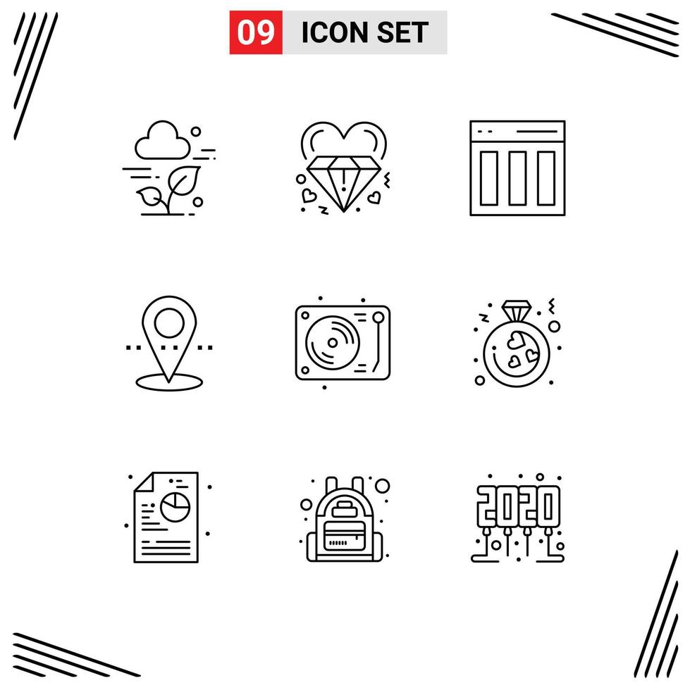 Universal Icon Symbols Group of 9 Modern Outlines of celebration pin wedding location interface Editable Vector Design Elements