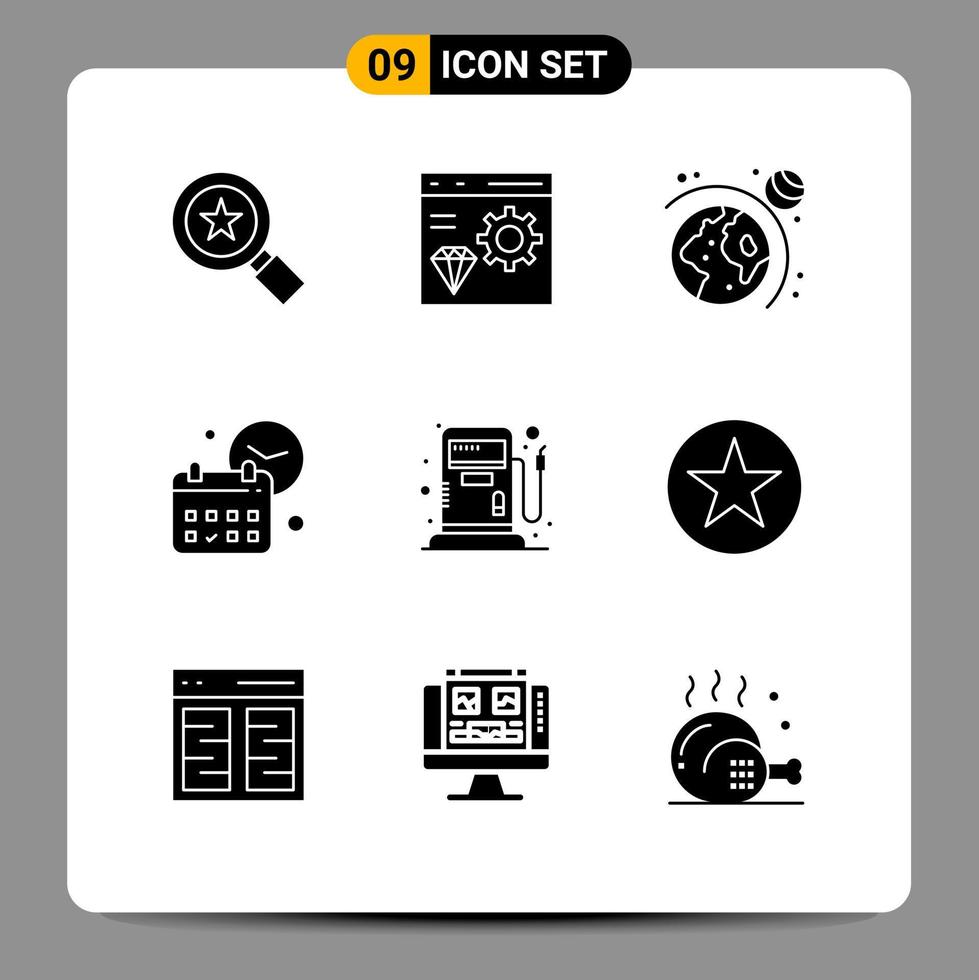 9 Universal Solid Glyph Signs Symbols of gas job astronomy time date Editable Vector Design Elements