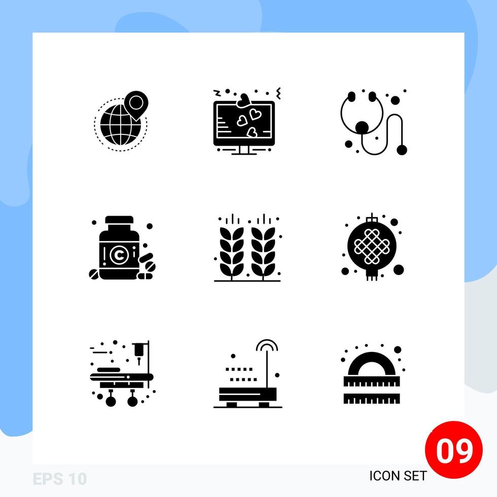 Universal Icon Symbols Group of 9 Modern Solid Glyphs of pills drug lcd diet medical Editable Vector Design Elements