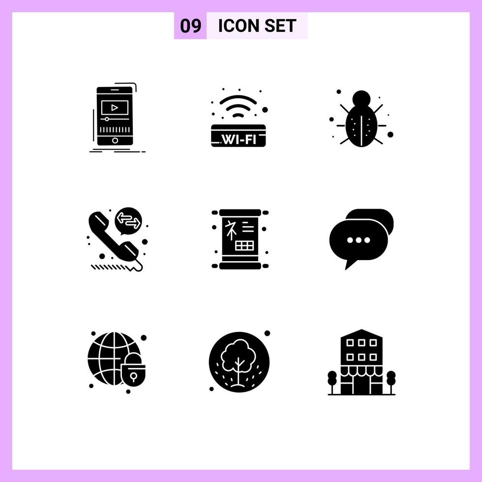 Group of 9 Modern Solid Glyphs Set for chinese call diversion wifi call deflection protection Editable Vector Design Elements