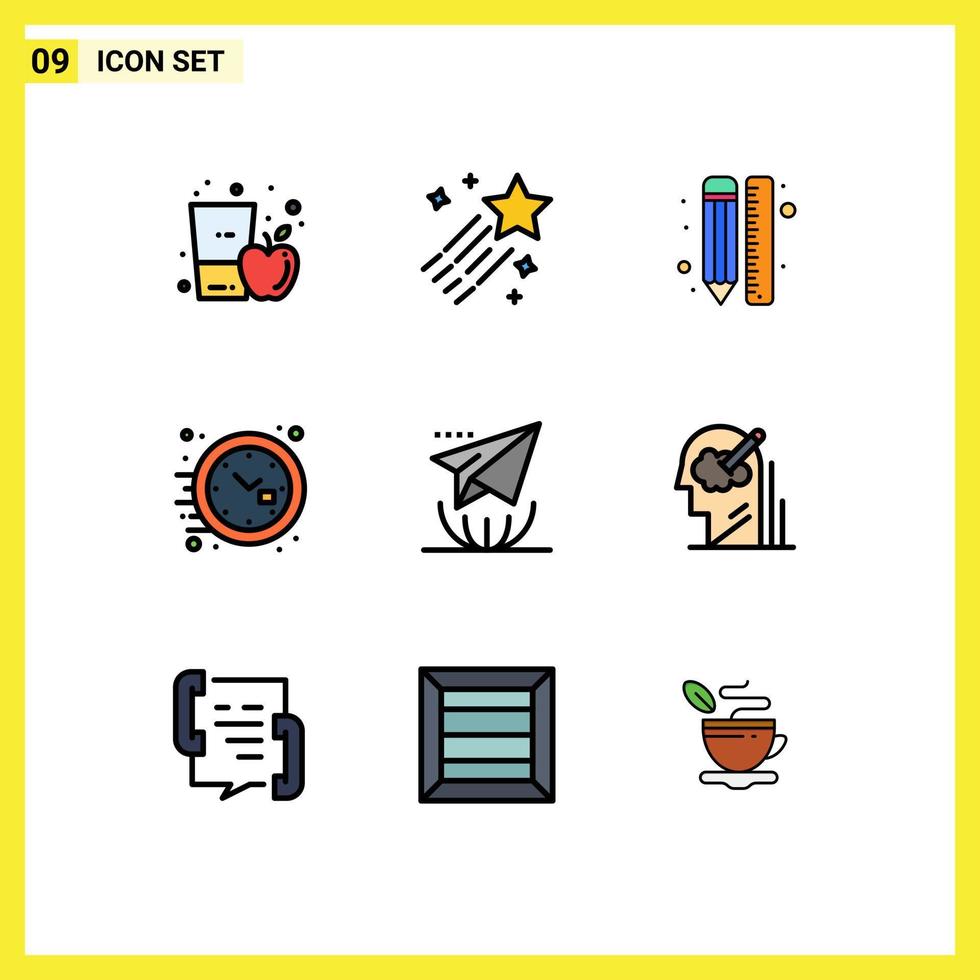 Pack of 9 Modern Filledline Flat Colors Signs and Symbols for Web Print Media such as watch office star clock pencil Editable Vector Design Elements