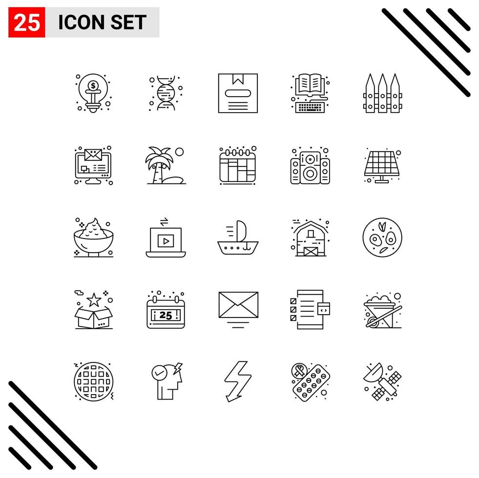 Pictogram Set of 25 Simple Lines of fence library box keyboard book Editable Vector Design Elements