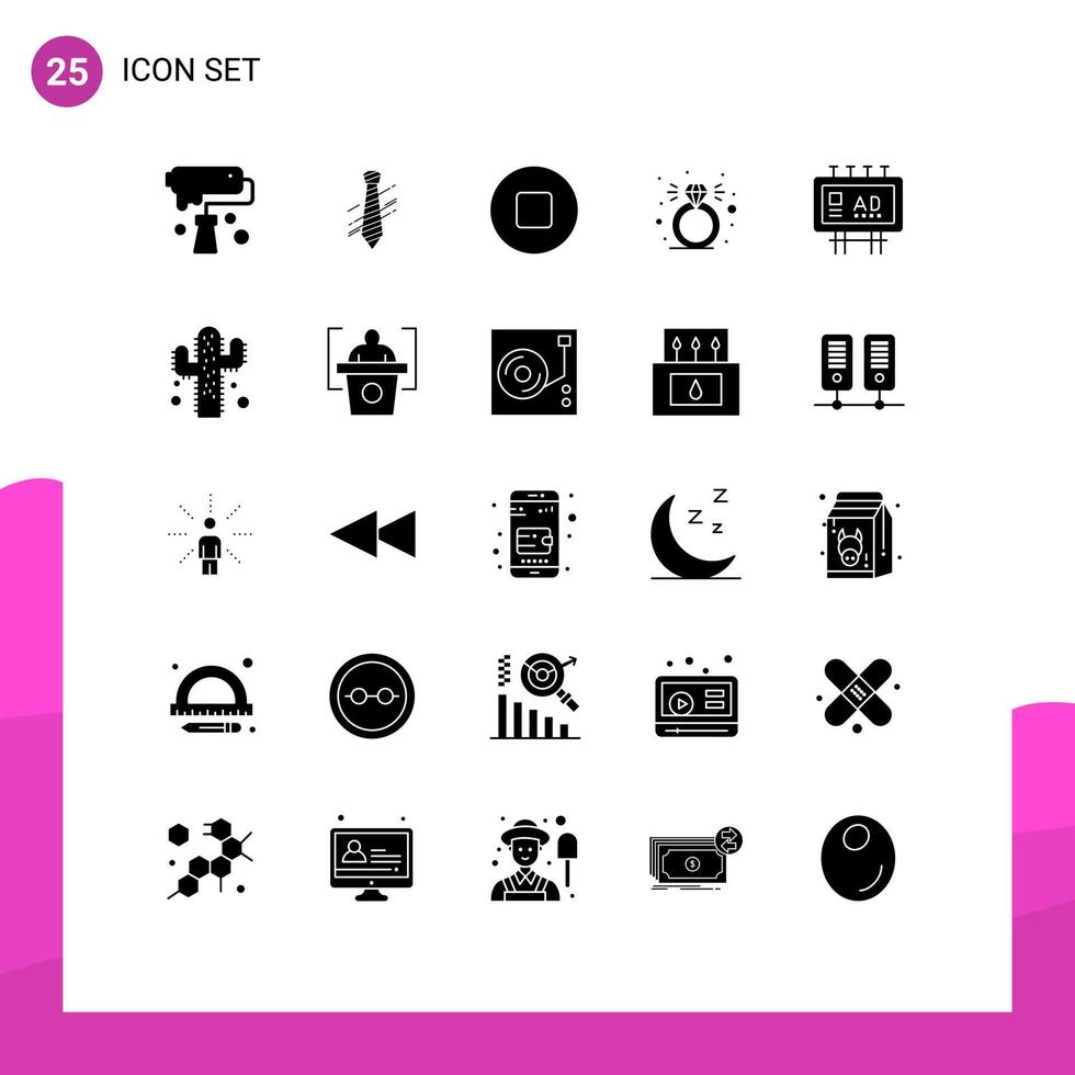 Mobile Interface Solid Glyph Set of 25 Pictograms of marketing advertising fashion ring diamond Editable Vector Design Elements