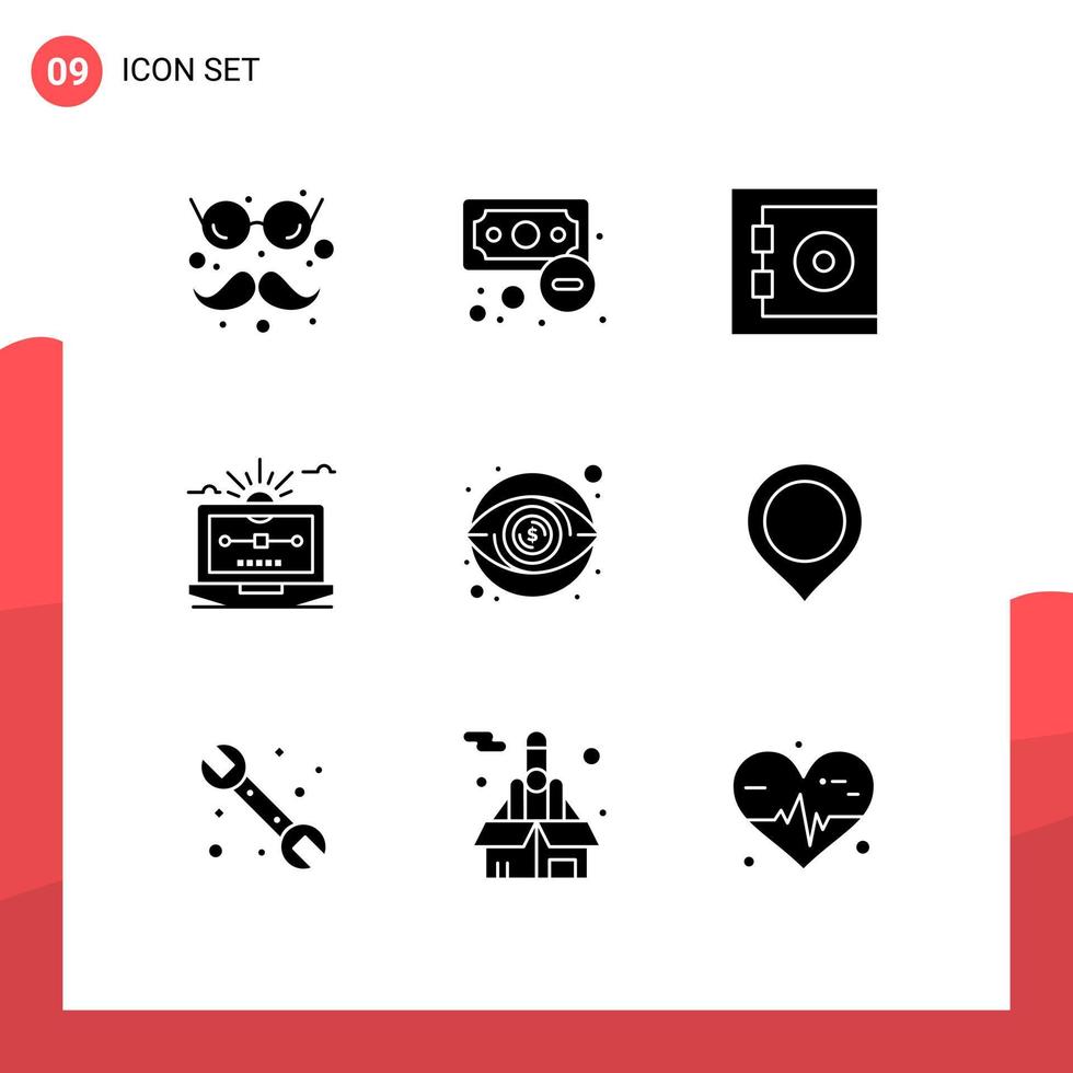 Group of 9 Modern Solid Glyphs Set for view draw bank computer file Editable Vector Design Elements