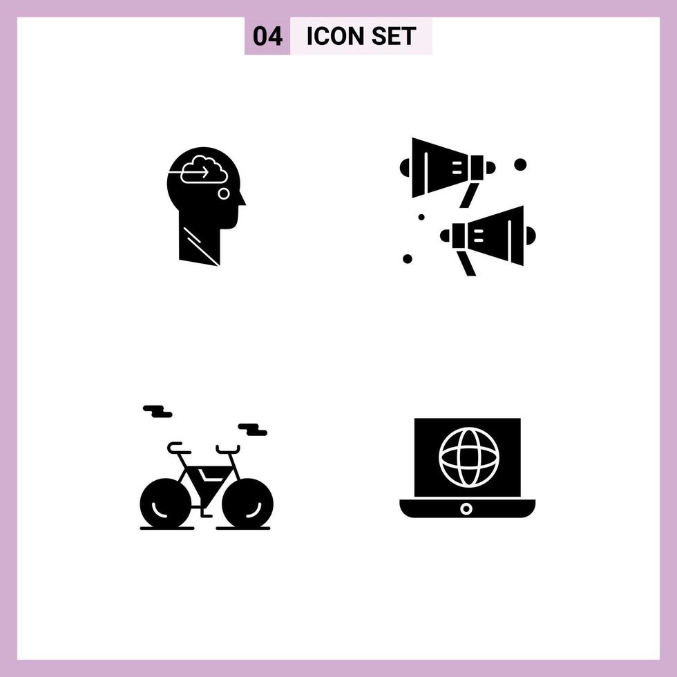 Set of 4 Commercial Solid Glyphs pack for cloud transport upload sound laptop Editable Vector Design Elements