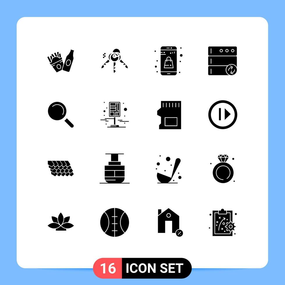 Mobile Interface Solid Glyph Set of 16 Pictograms of destination view shopping search sync Editable Vector Design Elements