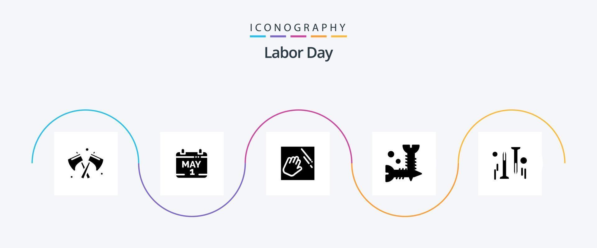 Labor Day Glyph 5 Icon Pack Including hardware . screw . time. hand vector