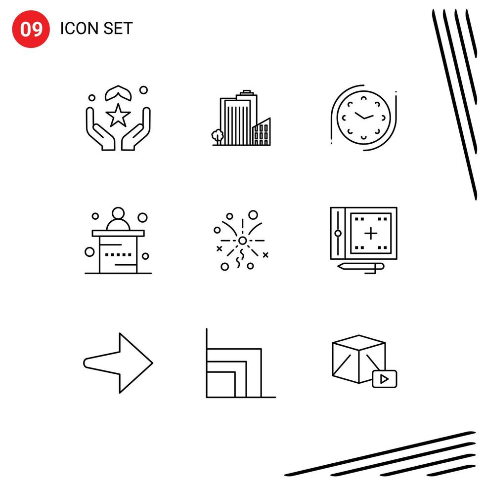 Set of 9 Modern UI Icons Symbols Signs for fireworks office tower marketing watch Editable Vector Design Elements