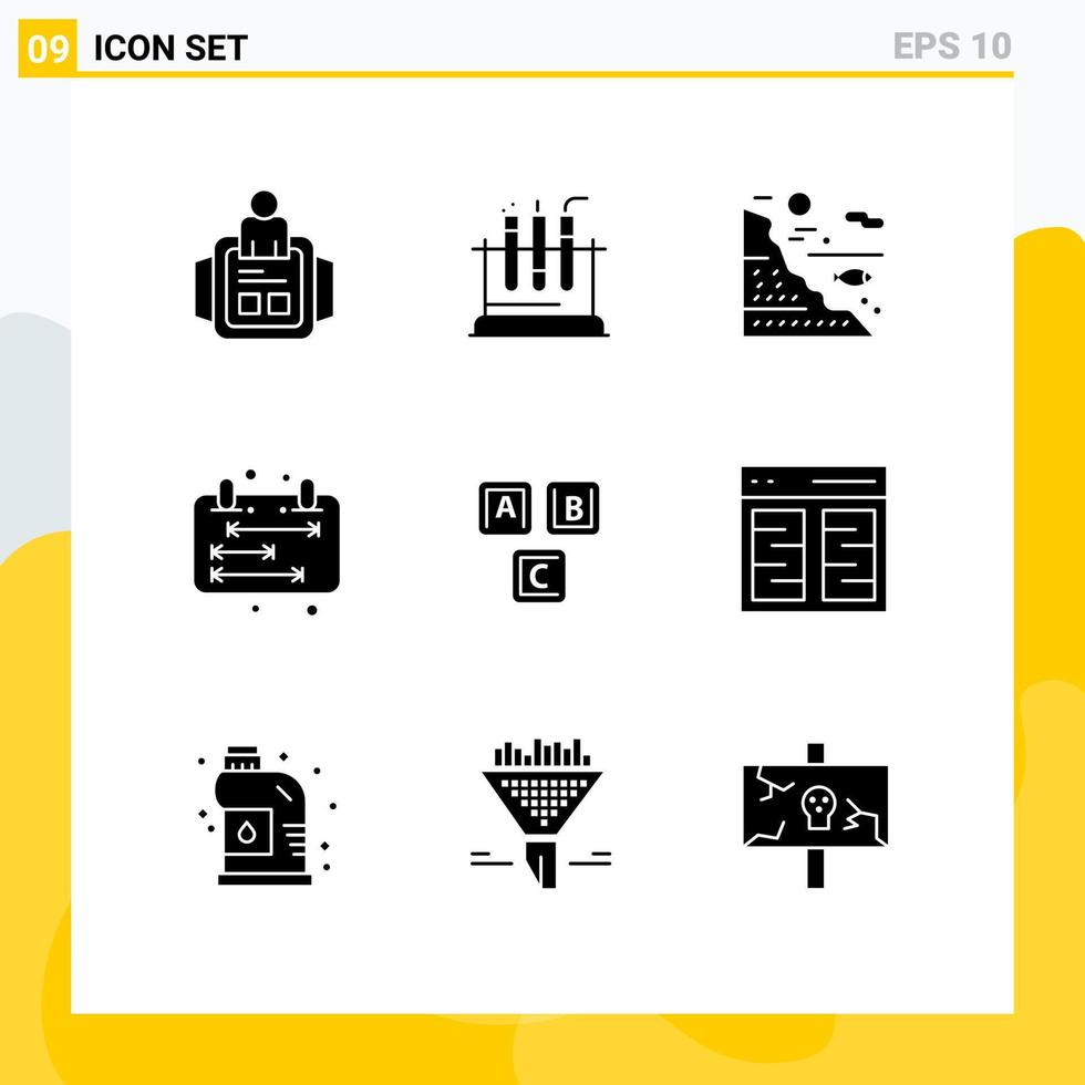 Mobile Interface Solid Glyph Set of 9 Pictograms of abc management under calendar fishing Editable Vector Design Elements