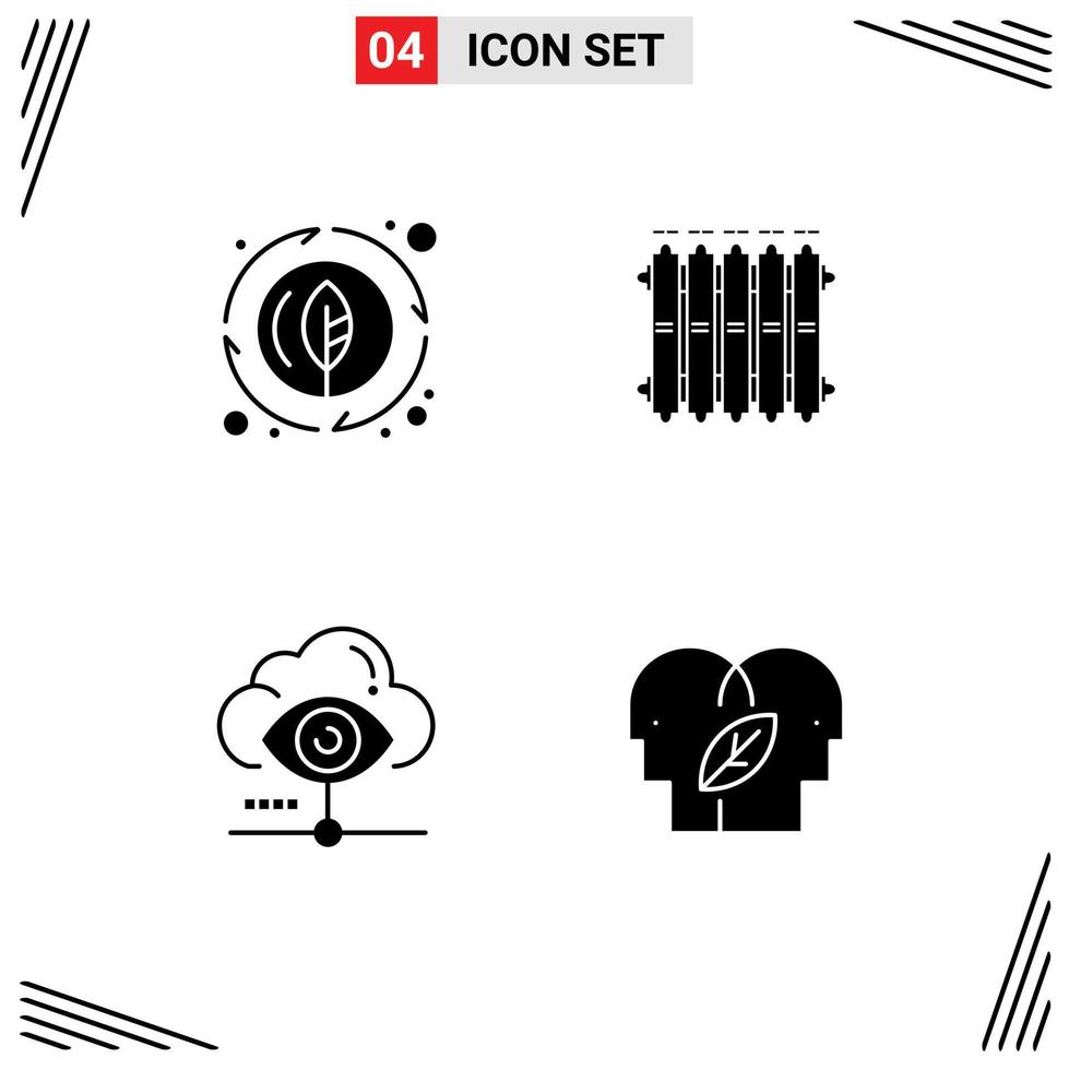 Mobile Interface Solid Glyph Set of 4 Pictograms of energy eye plant battery view Editable Vector Design Elements