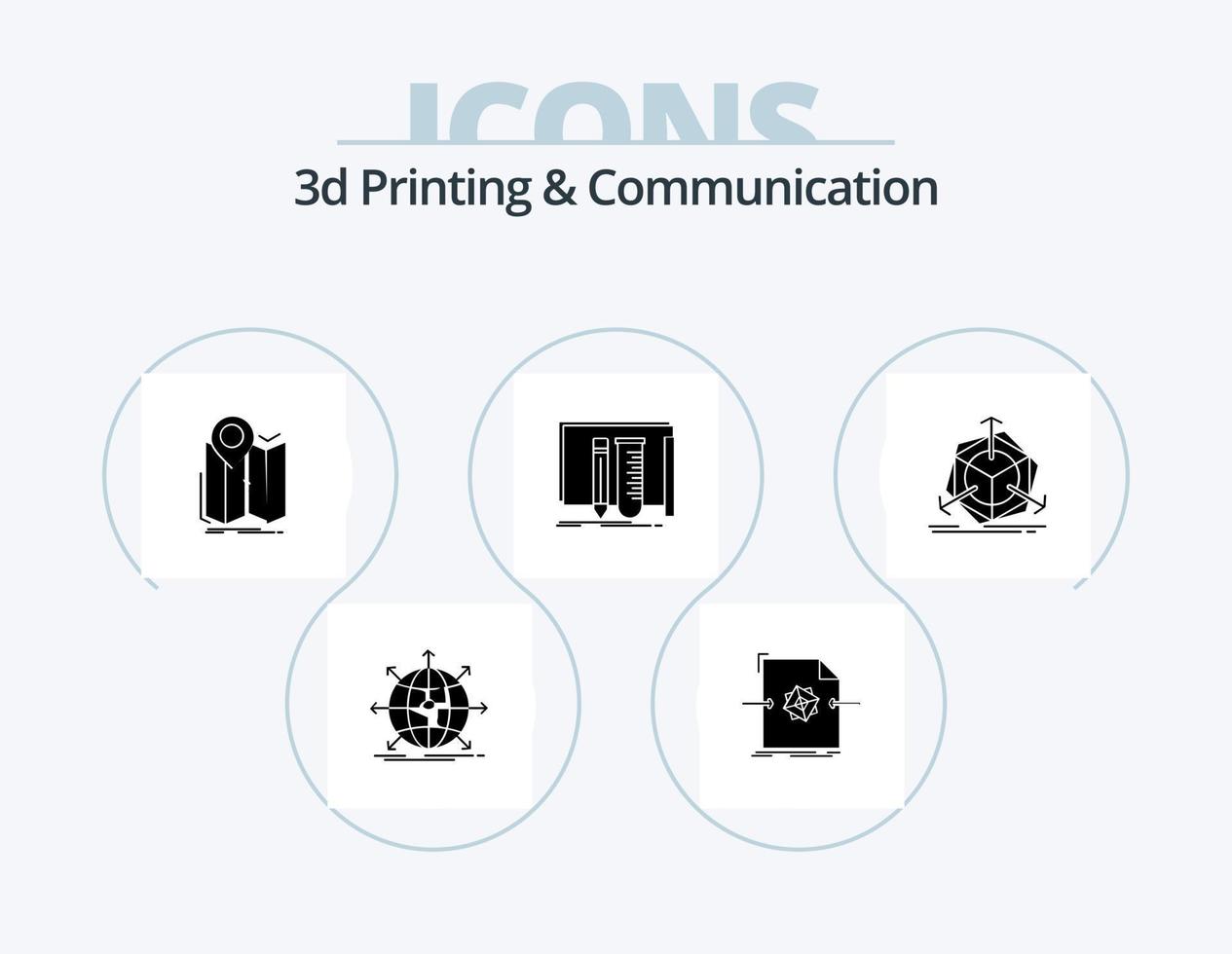 3d Printing And Communication Glyph Icon Pack 5 Icon Design. fab. build. object. route. map vector