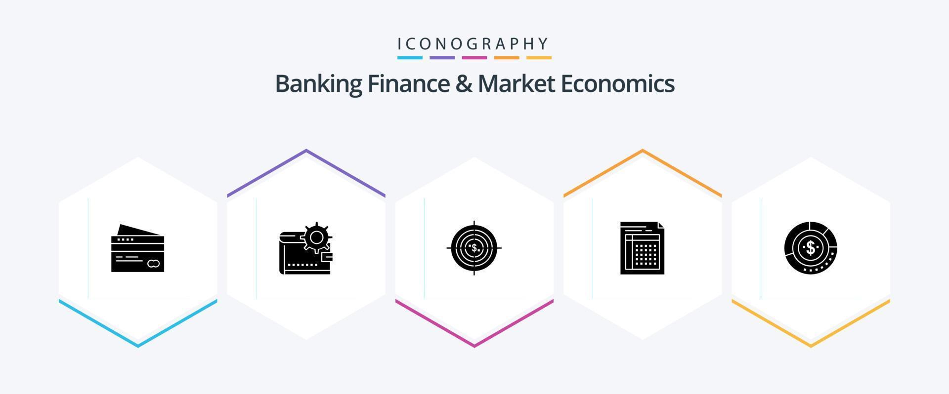 Banking Finance And Market Economics 25 Glyph icon pack including business. target. wallet. making. personal vector