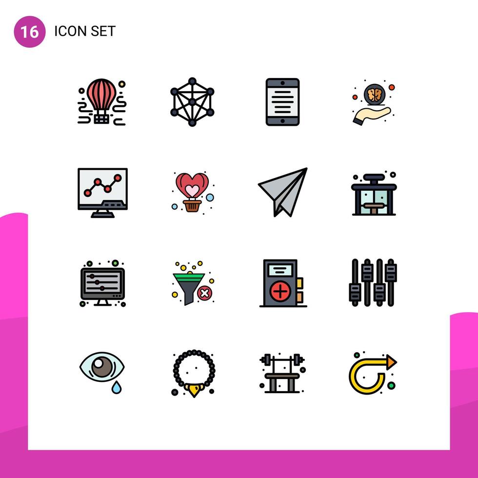 Pack of 16 creative Flat Color Filled Lines of analytic neuro care machine help user Editable Creative Vector Design Elements