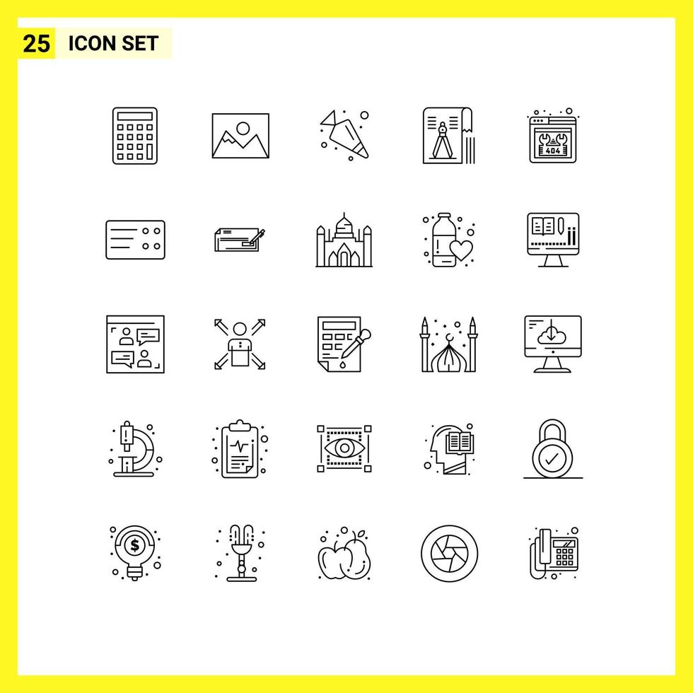User Interface Pack of 25 Basic Lines of website error food file tool Editable Vector Design Elements