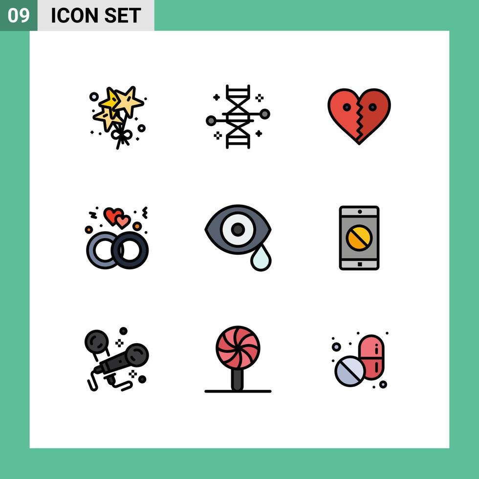 Mobile Interface Filledline Flat Color Set of 9 Pictograms of biology ring heart love broken Editable Vector Design Elements