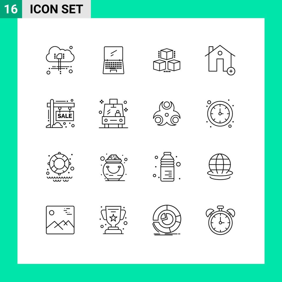 universal icono símbolos grupo de dieciséis moderno contornos de tablero casa caja inmuebles añadir editable vector diseño elementos