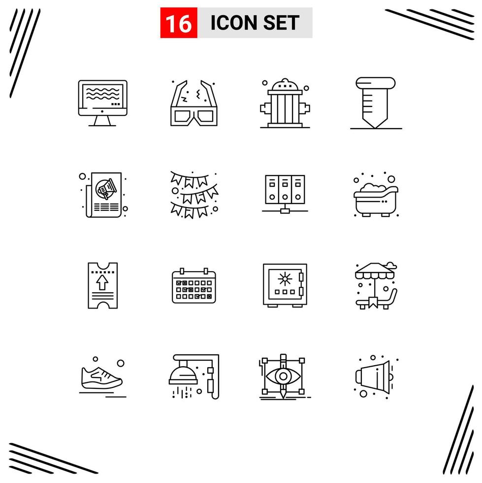 Modern Set of 16 Outlines Pictograph of news ads firefighter tools repair Editable Vector Design Elements